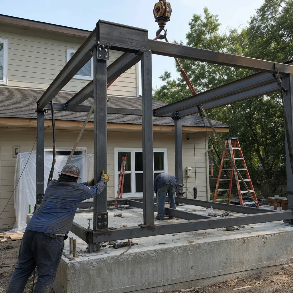 Construction workers installing a structural steel frame for a backyard ADU