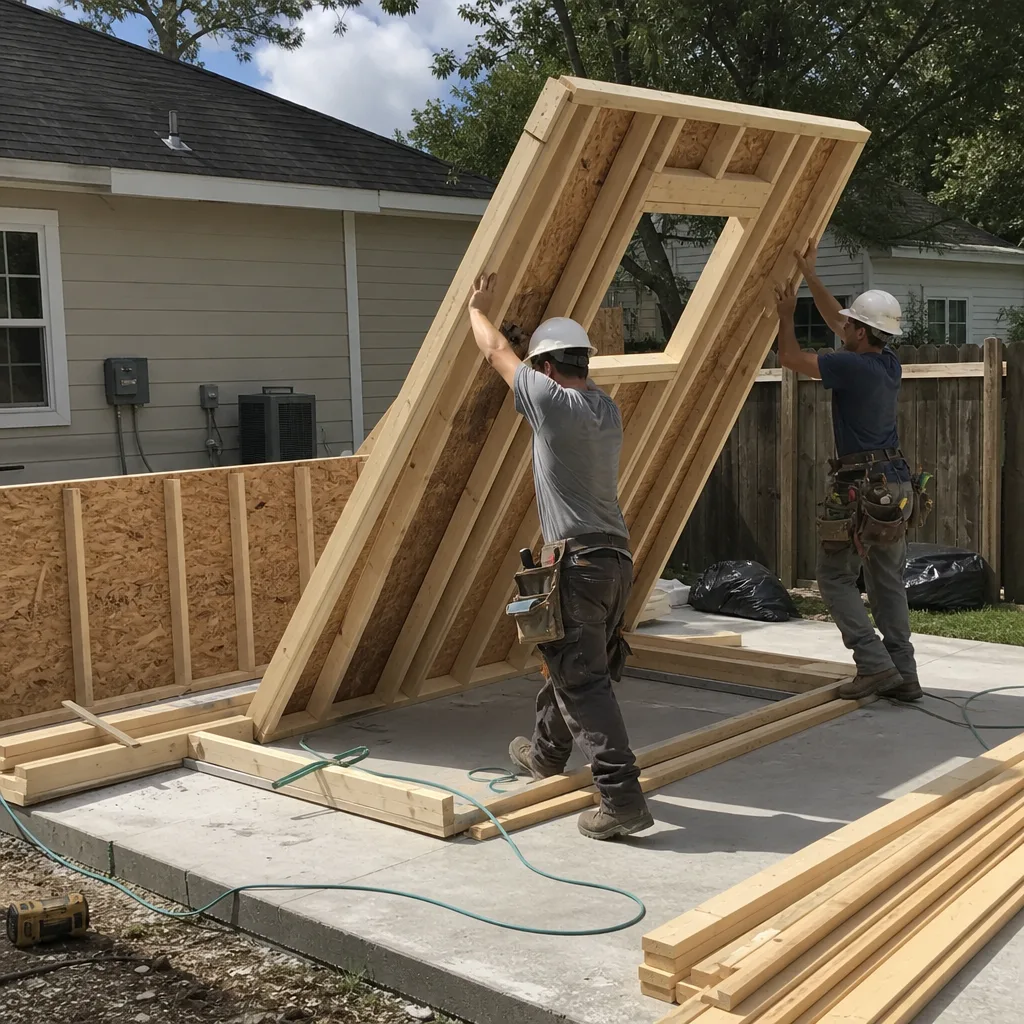 Professional construction workers installing an ADU wall frame on a concrete slab.