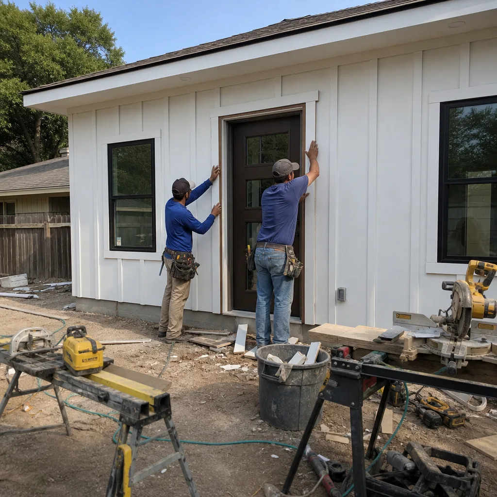 Two builders installing trim on a modern white ADU exterior
