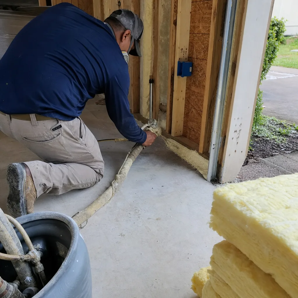 Contractor applying spray foam insulation during a garage conversion project