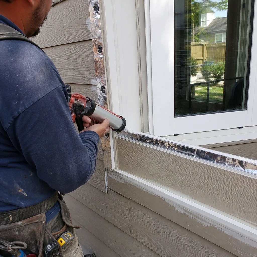 Contractor applying sealant to a residential window frame during home construction
