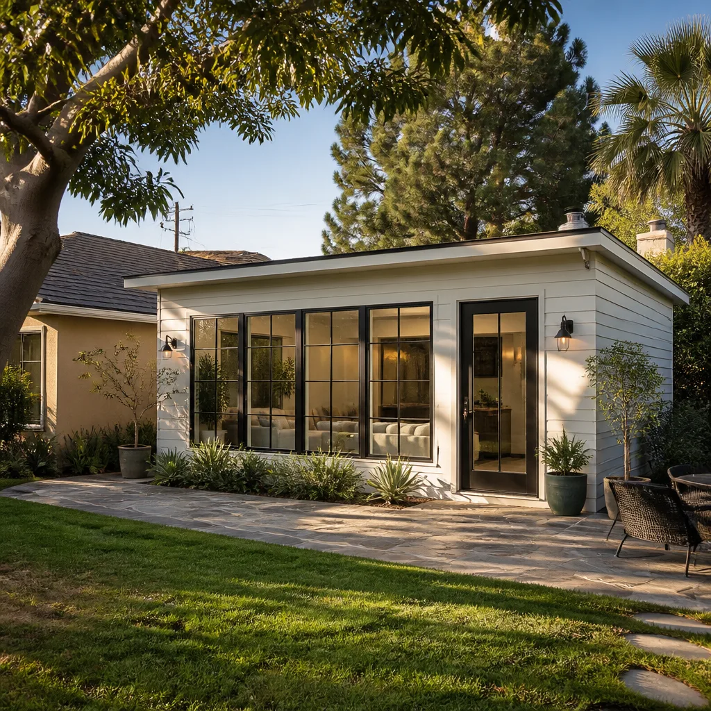 A single-story rear room addition with tall windows and a new patio