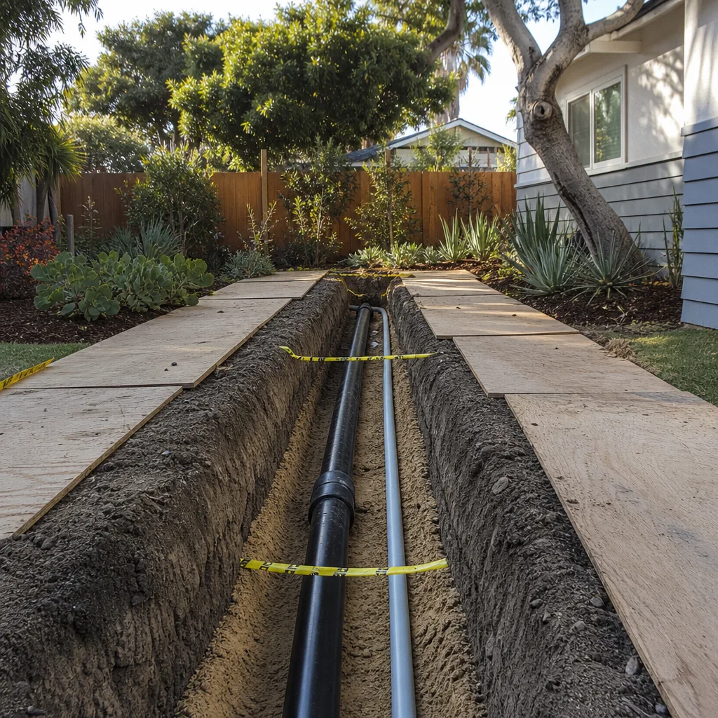 A utility trench with new sewer pipe and conduit