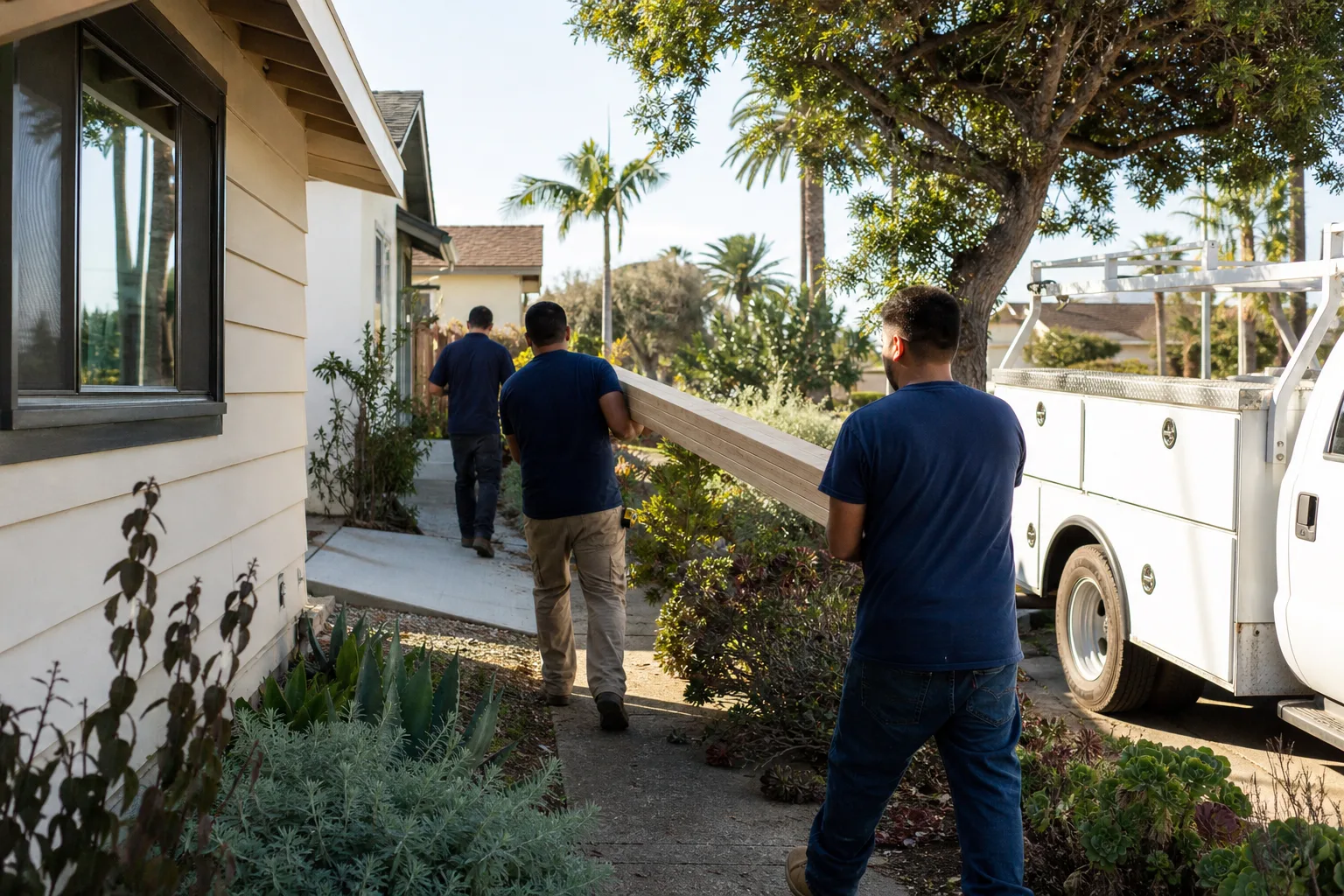 A building crew carrying lumber to a backyard ADU site